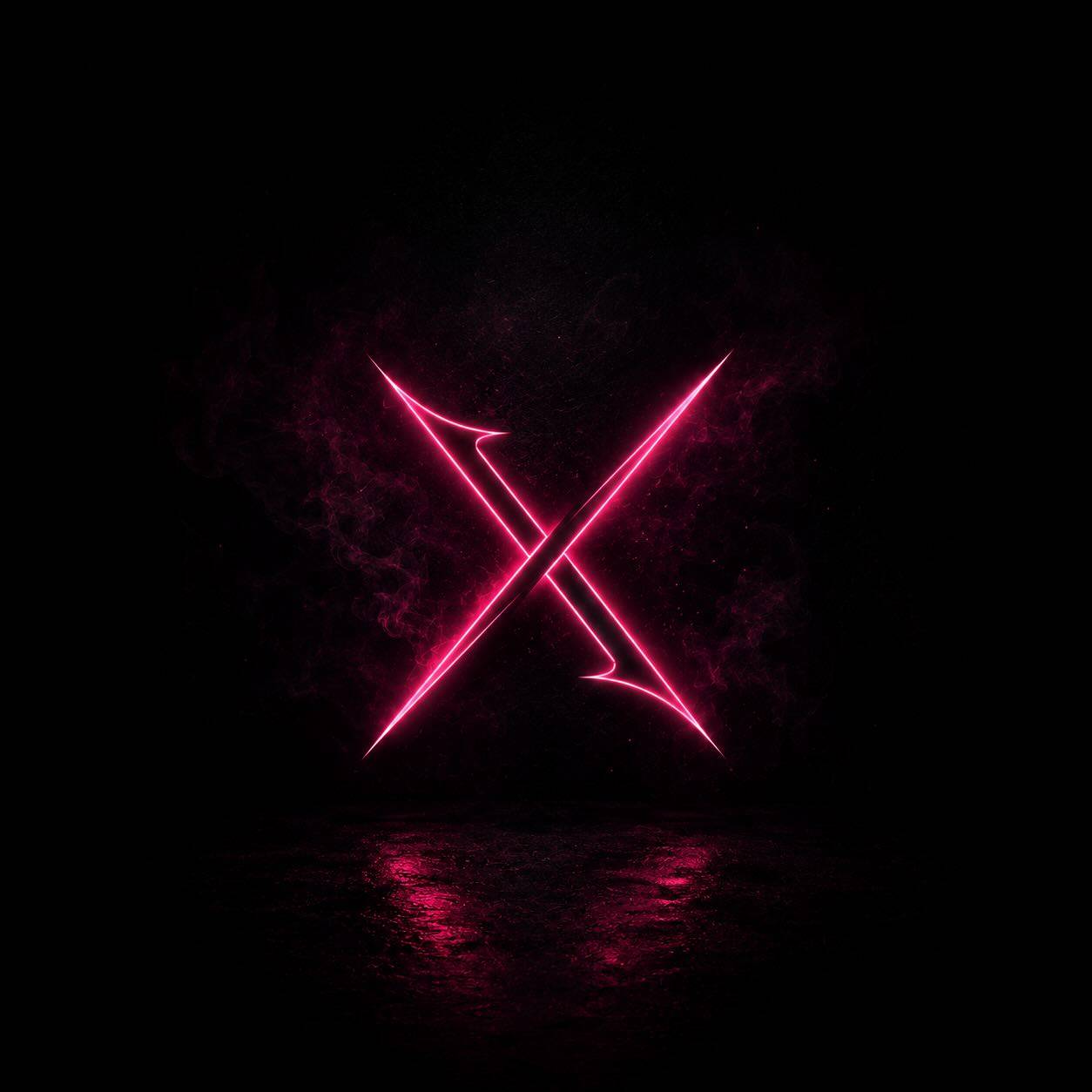 A pink neon X glowing in a dark room.