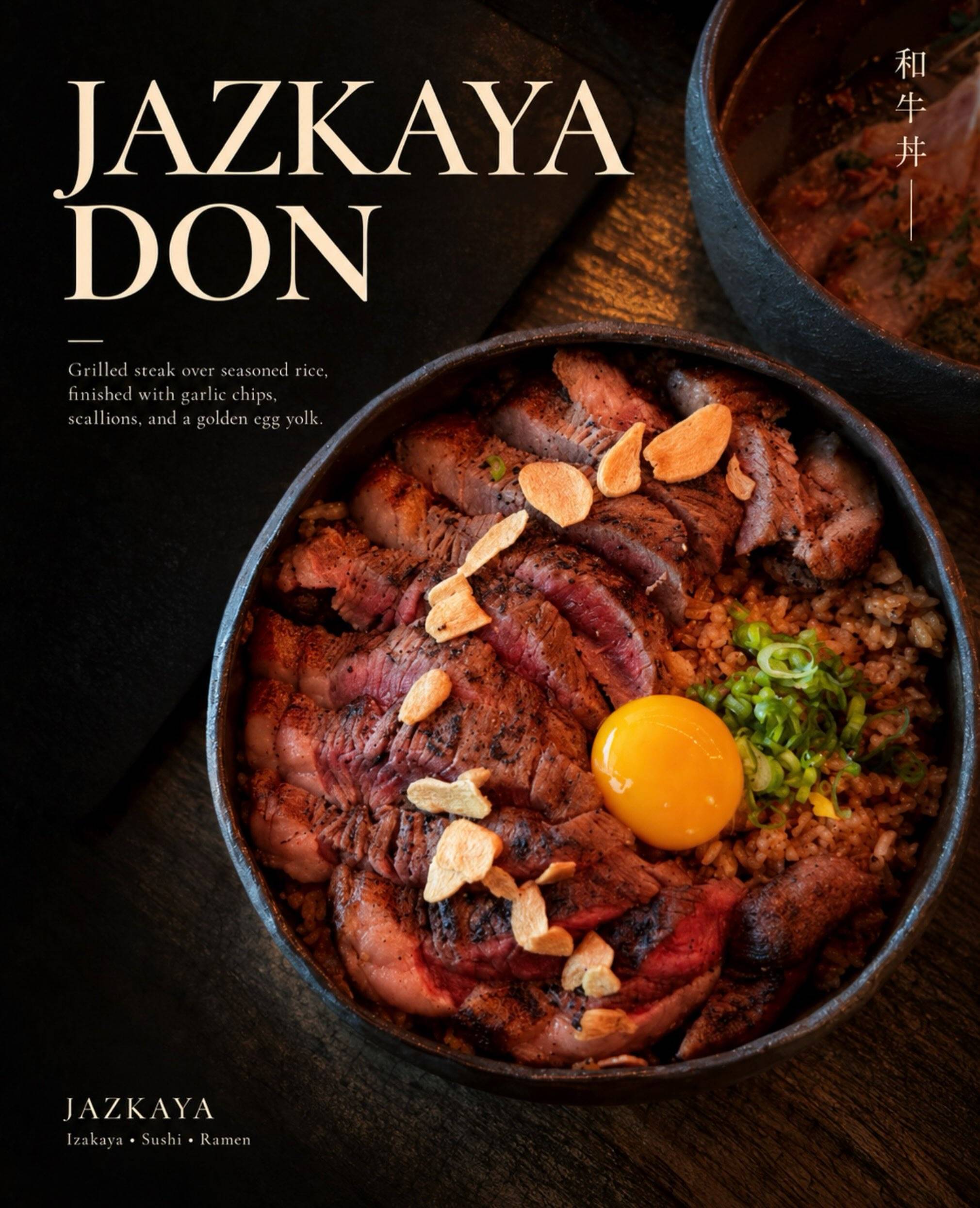 Jazkaya Don: seared beef over rice with a raw egg yolk, scallions and fried garlic, with the dish name lettered on the image.