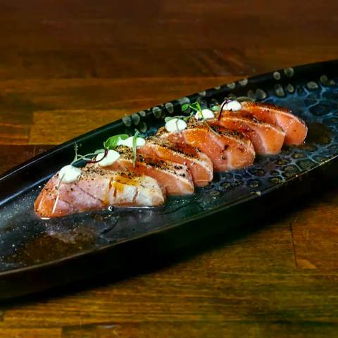 Raw salmon tataki, photographed